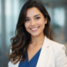 Mulher sorridente em blazer branco em ambiente corporativo