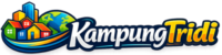 Logotipo colorido de Kampung Tridi com casas e globo